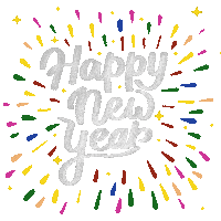 Sticker gif. Text, 'Happy New Year,' is written in silver script and is in the middle of rainbow sparkles that shoot out from it.