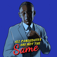 Breaking Bad gif. Blinking illustration of Gus Fring adjusting his necktie against a right blue background. Text, “All candidates are not the same.”