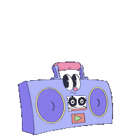 Digital art gif. Animation of a purple and blue boombox with a smiling face. The boombox closes its eyes and breathes in and out slowly. Text, "Pause. Breathe in, breathe out."
