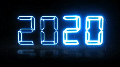 Digital art gif. In alarm clock-style font, the number “2020” appears in glowing blue against a black background, then flashes brightly.