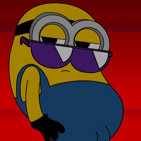 Cartoon gif. Minion wearing purple sunglasses and dancing sexy.