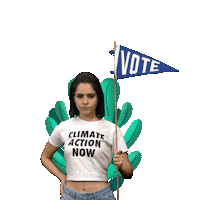 Digital art gif. Large green cartoon plant grows larger and larger behind a woman wearing a "climate action now" t-shirt and holding a cartoon blue pennant flag that says, "Vote."