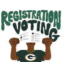 Illustrated gif. Person wearing a Green Bay Packers shirt, holding a ballot toward us, foreshortened to cover their face, under an arch of groovy, color-changing lettering. Text, "Same-day voter registration and voting!"