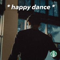 Sponsored gif. Man is shown from behind as he dances from side to side while preparing a drink in a cobbler shaker. Text reads, “*happy dance*”