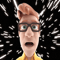 Cartoon gif. Man with glasses and orange hair opens his mouth and eyes wide in amazement as star-like lights shoot past his face.