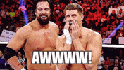 TV gif. Aron Stevens smiles and catches his breath, looking in the same direction as the other wrestler in the WWE ring, who wipes the sides of his mouth smiling proudly. Text, "Awwww!"