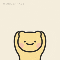 Cartoon gif. Adorable yellow Wonderpal swoops its short arms in a rainbow motion, revealing pastel blue arched text that reads, "I love you."