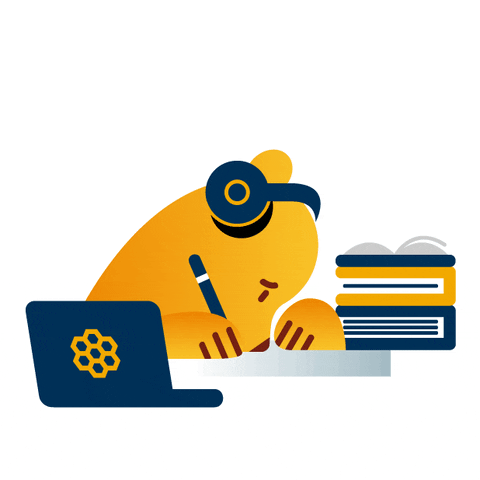 a orange bear type character listening to music and writing on its desk with a laptop and books on its desk