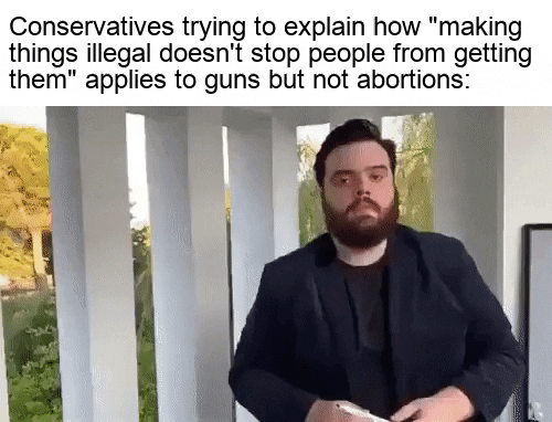 Meme gif. In a sped-up video, a man standing in front of a white board speaks frantically to us, drawing gibberish on the white board and gesturing wildly with his hands. Text, "Conservatives trying to explain how 'making things illegal doesn't stop people from getting them' applies to guns but not abortions."