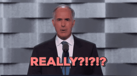 Political gif. Senator Bob Casey at the 2016 Democratic National Convention stands on stage at a microphone and says, “Really?!?!?”