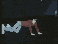 Cartoon gif. Man wearing blue jeans and a red shirt crouches on all fours on the ground, and his body elongates and stretches into a red sports car.