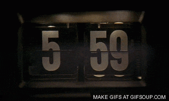 Movie gif. An alarm clock changes from 5:59 to 6:00, and Bill Murray as Phil in Groundhog Day leans over and smashes the clock to pieces with his fist.
