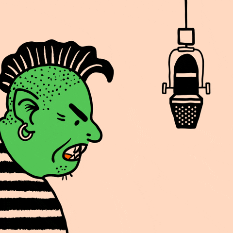 Digital art gif. Cartoon of a green troll with an ear piercing, mohawk and sharp white teeth speaks angrily into a hanging microphone. The cord holding the microphone suddenly snaps, and as the troll frowns, text appears that reads, "Nie dawaj glosu trollum sprawdzaj zrodla."