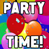 Digital art gif. Colorful balloons are covered with falling confetti as a fuzzy cartoon bear with big eyes wearing a green jacket and birthday hat pops out of the balloons while blowing on a party horn. Text, "Party Time!".