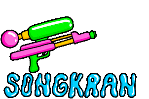Sticker gif. Illustration of a red and green water gun shoots water out and text underneath reads, 'Songkran,' in blue wavy watery font.