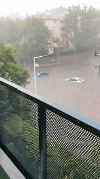 Cars Submerged in Floodwaters in Southern France