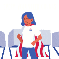 Illustrated gif. Minimalist cartoon woman standing in front of voting booths, fists on her hips, wearing a red and white striped cape that blows in the wind. Text, "Every volunteer counts."