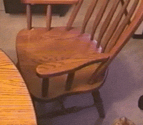 Video gif. Orange cat jumps onto the arm of a wooden chair, then flips over onto its back on the seat.