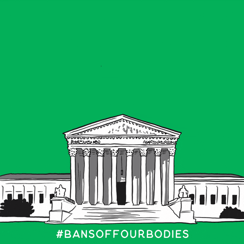Digital art gif. Black and white illustration of the U.S. Supreme Court building against a green background and below stark white all-caps text that reads "Nationwide mobilizations. Today, May third, five p.m., at courthouses everywhere." Below the building is the hashtag "bans off our bodies."