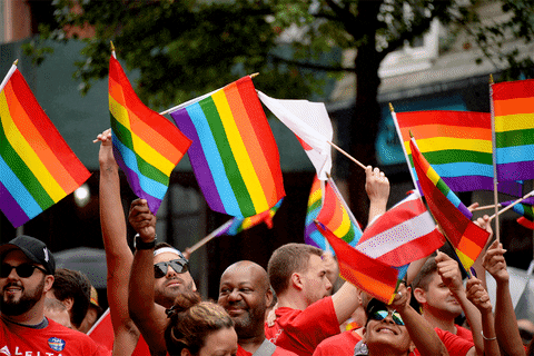 Video gif. Group of people in red shirts wave rainbow pride flags, a Japanese flag, and Puerto Rico flag.