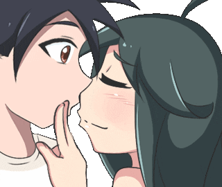 Anime gif. Girl leans in to kiss a boy, then stops, putting her fingers over his lips.
