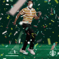 Sponsored gif. Man performs the running man dance move while holding a to-go cup of Starbucks iced coffee. Confetti rains down around him.