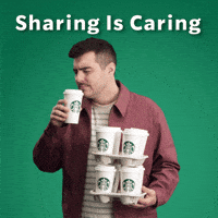 Sponsored gif. Man sips from a to-go cup of Starbucks coffee and smiles in satisfaction before offering the cup to someone else. In his other hand, he balances one beverage holder on top of another. Both hold four to-go cups of Starbucks coffee. Text reads, “Sharing is caring.”
