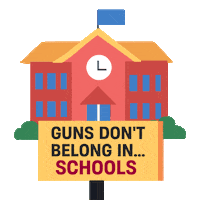 Digital art gif. Cartoon picket sign reads, "Guns don't belong in..." with the next word rotating through different places, including "offices, stadiums, schools, bars, trains," with corresponding animations of the named locations cycling above the picket sign.