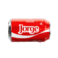 Sponsored gif. A red can of Coca-Cola with the name "Jorge" drops into frame, pauses, and then drops out of sight. 