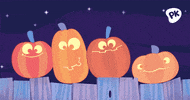 Digital art gif. Four pumpkins sit on a wall and each are carved with a quirky smile. They jibe with each other and nudge with delight under the moonlight.