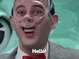 TV gif. Paul Reubens as Pee-wee Herman scotch tape all around head, misshaping his nose and mouth, smiles saying, “Hello!” Text, "Hello!"
