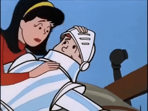 Cartoon gif. Archie and Veronica from The Archie Show. Archie is wearing knight's armor and lays on the ground as Veronica rubs his chest and gives him a kiss on the cheek.