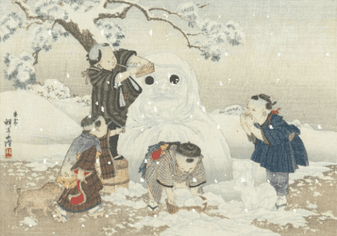 Photo gif. A vintage Japanese ukiyo-e painting of four men making a snowman has been edited to have snow falling over the painting.