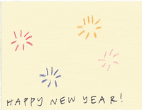 Text gif. Crayon on a page forms very simple exploding  fireworks in primary colors. Text, "Happy new year!"
