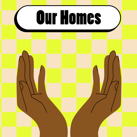 Digital art gif. Two dark-skinned hands open up as changing clip art and corresponding labels flash between them, including a smiling pink house labeled “our homes,” a smiling white daisy labeled “our land,” a smiling blue drop of water labeled “our water,” a smiling red heart labeled “our health,” a smiling yellow pencil labeled “our jobs,” an open window looking out onto a starry night labeled “our future,” and an angry green sunburst labeled, “our fight.”