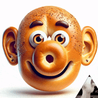 Digital art gif. A creature with human-like eyes and ears, a nose made out of a bagel, and a mouth that looks like a hole in a loaf of bread stares directly at us. Bagel seeds dot the top of its head. 