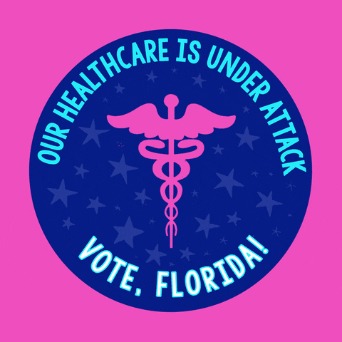 Digital art gif. Blue circular sticker against a pink background features a pink medical symbol of a staff entwined by two serpents, topped with flapping wings and surrounded by light blue dancing stars. Text, “Our healthcare is under attack. Vote, Florida!”