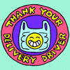 Illustrated gif. Plastic bag with smiley face on it, whose handles tie themselves. Pink and yellow text encircles the illustration and reads "Thank your delivery driver."