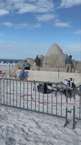 Sand Sculpture Erected on Florida Beach Ahead of Super Bowl
