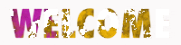 Text gif. Royal purple and vibrant gold flash across white letters that are otherwise invisible against the white background. The colors don't completely fill the letters but rather create a scratchy, jagged effect. We are able to see that the text reads, "Welcome."