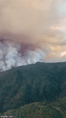 Video gif. Aerial view of billowing smoke coming off of a forest fire in California. The smoke almost looks like storm cloud that are filled with fire.