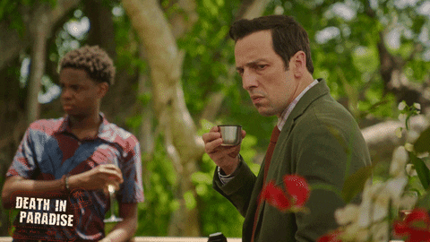 deathinparadiseofficial giphyupload coffee tea worried GIF