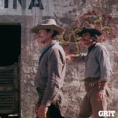 TV gif. Two cowboys in a Western movie fight in a dusty desert. One cowboy backhands the other with his left hand then gives him another punch with his right fist and he falls to the ground.