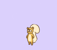 Digital art gif. A squirrel holding a present stands in the middle of a purple background and suddenly, two more squirrels appear on the sides and throw confetti in the air. Text, "Happy Birthday!"