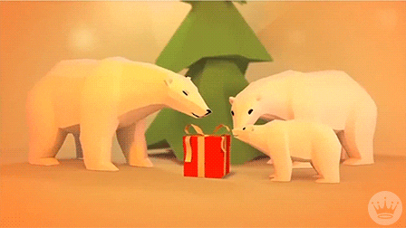 Illustrated gif. A mother, father, and baby polar bear sniff at a red present with a gold bow beneath a Christmas tree.