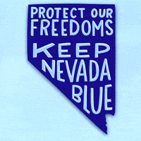 Digital art gif. Royal blue graphic of the state of Nevada on an icy blue background, glossy marker font within. Text, "Protect our freedoms, keep Nevada blue."