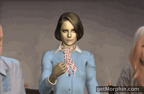 Digital art gif. A Kaya Scodelario avatar wears a powder blue jacket and neckerchief as she looks at us blankly and tosses gold confetti into the air. 