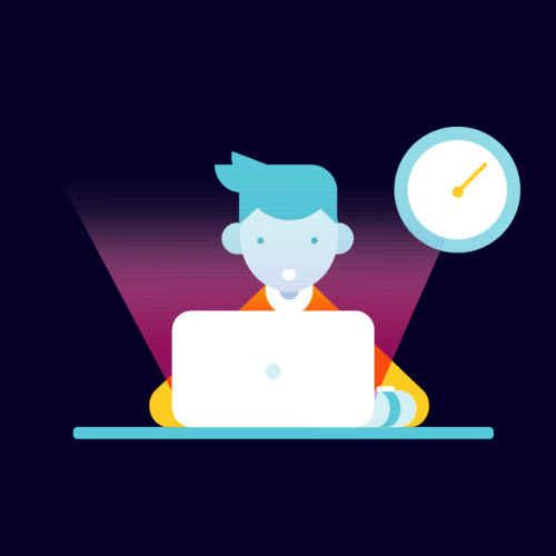 Digital art gif. Man is sitting at a table in front of his laptop and he begins to doze off as the clock spins. When it's morning again, he pops back up and continues working.