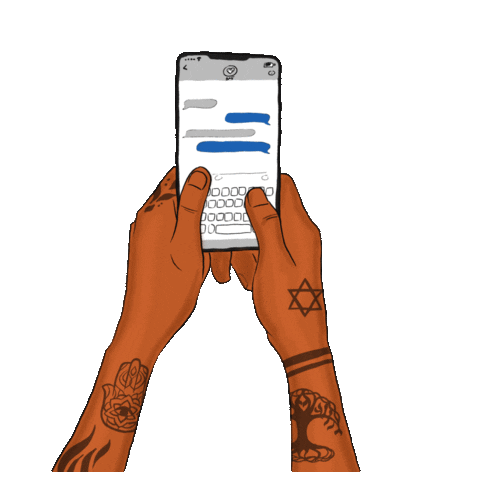 Digital art gif. Woman's hands with religiously symbolic tattoos tapping on a Blackberry, a speech bubble appearing to show the text, "U up?"