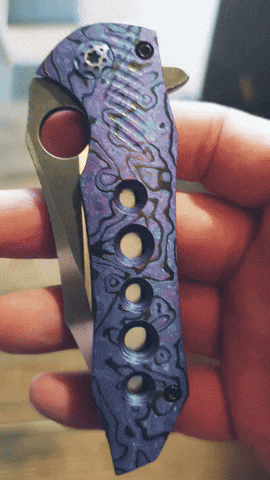 nilknarf1 folding knife flipper knife spydie hole knife black timascus knife GIF